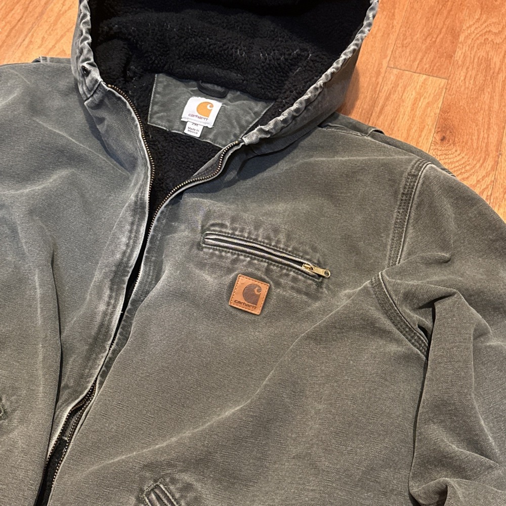 Y2K Carhartt J141 MOS green hooded work wear jacket Sherpa 2XL Rare - Picture 2 of 12